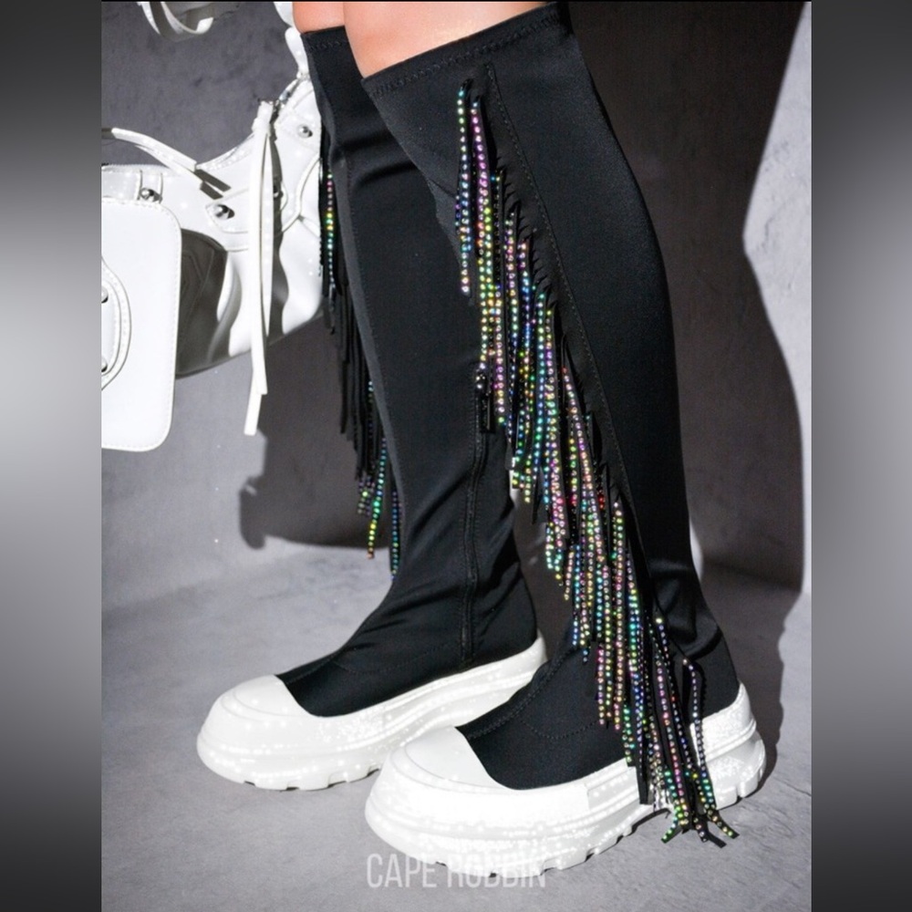 •CAPE ROBBIN• “Aretha” Black Fringe Platform Sneaker Boots // NIB
